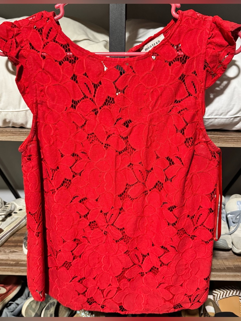 Monteau Bright Red Floral Lace Sleeveless Top